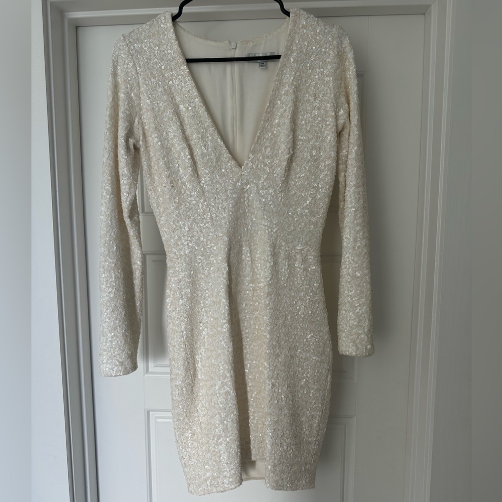 Dress the Population Cream Long Sleeve Sequin Dress